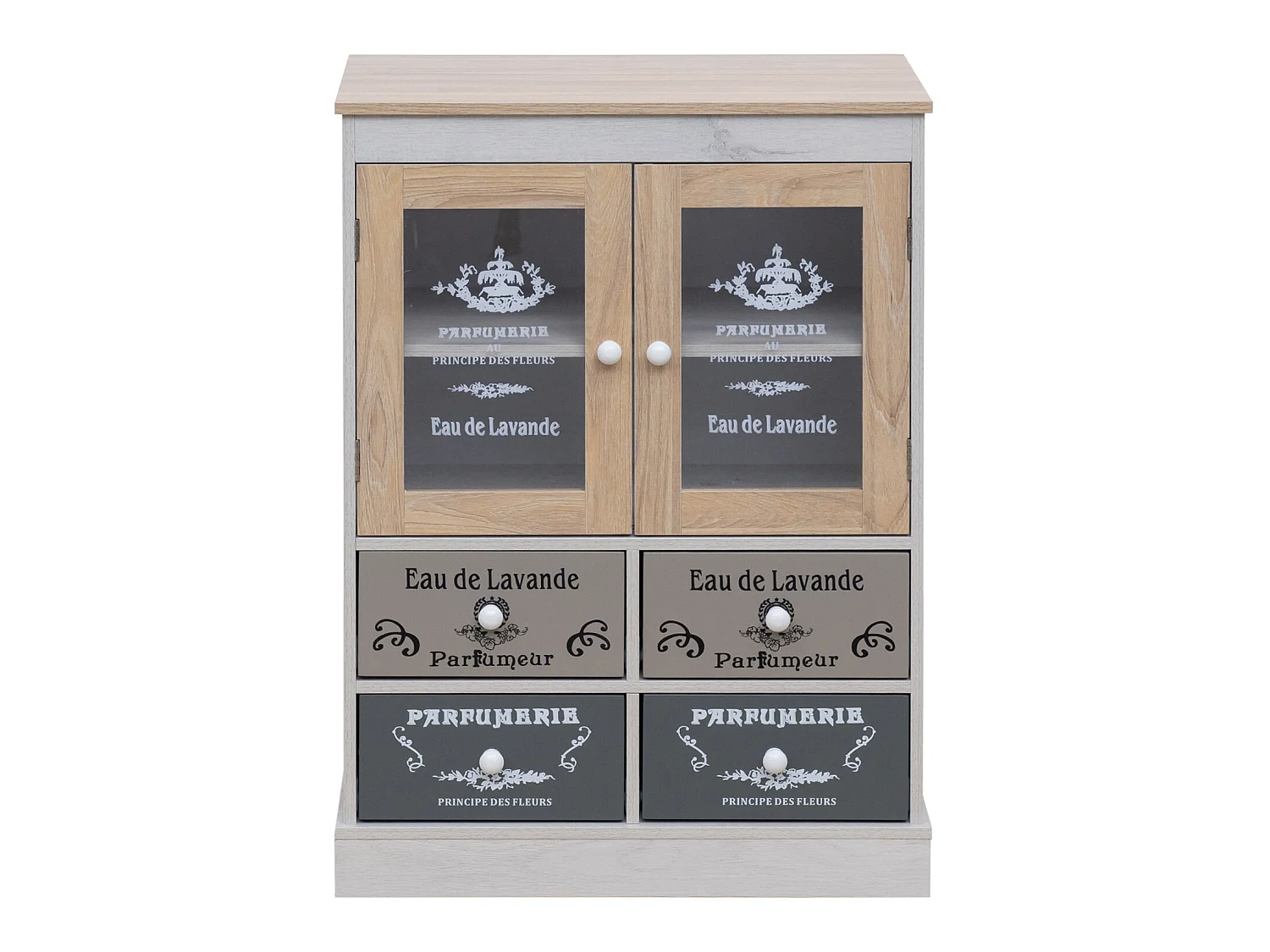 Mobiletto Vetrinetta Shabby con 4 Cassetti 2 Ante in Legno Bianco Beige Grigio