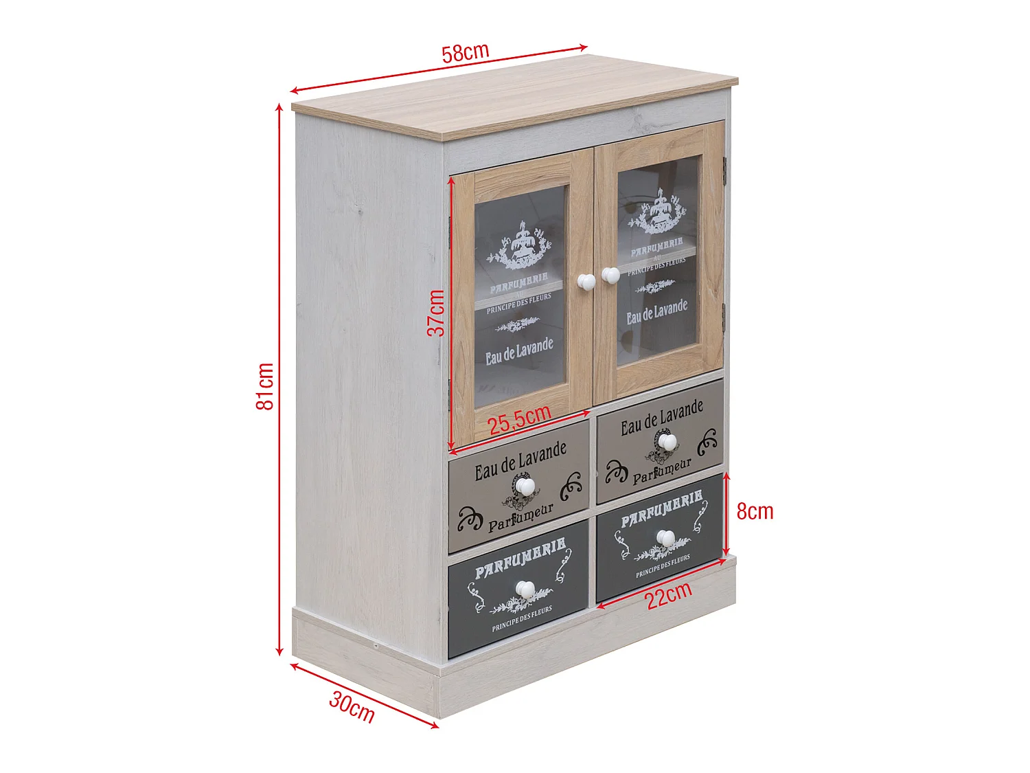 Mobiletto Vetrinetta Shabby con 4 Cassetti 2 Ante in Legno Bianco Beige Grigio