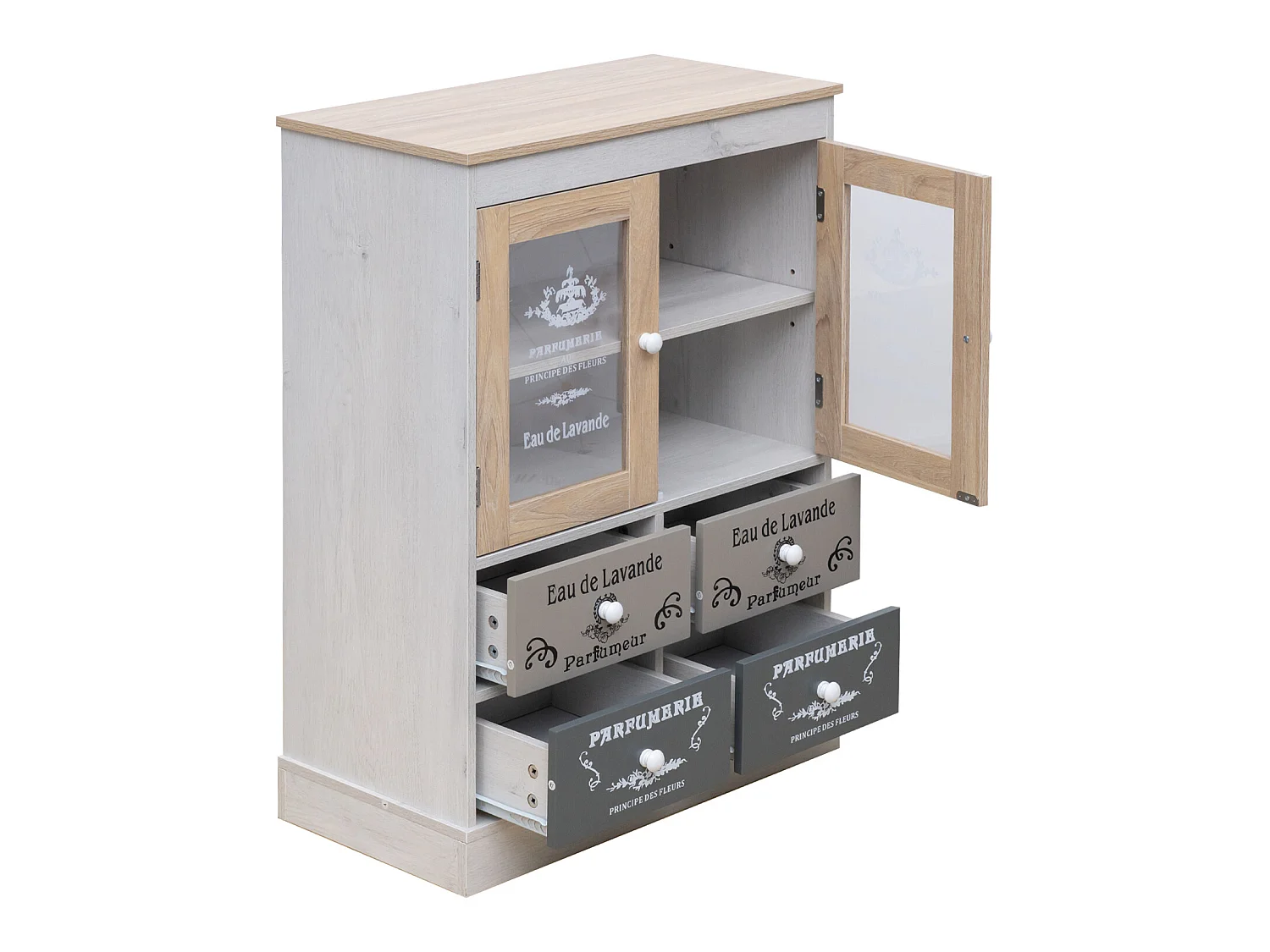 Mobiletto Vetrinetta Shabby con 4 Cassetti 2 Ante in Legno Bianco Beige Grigio