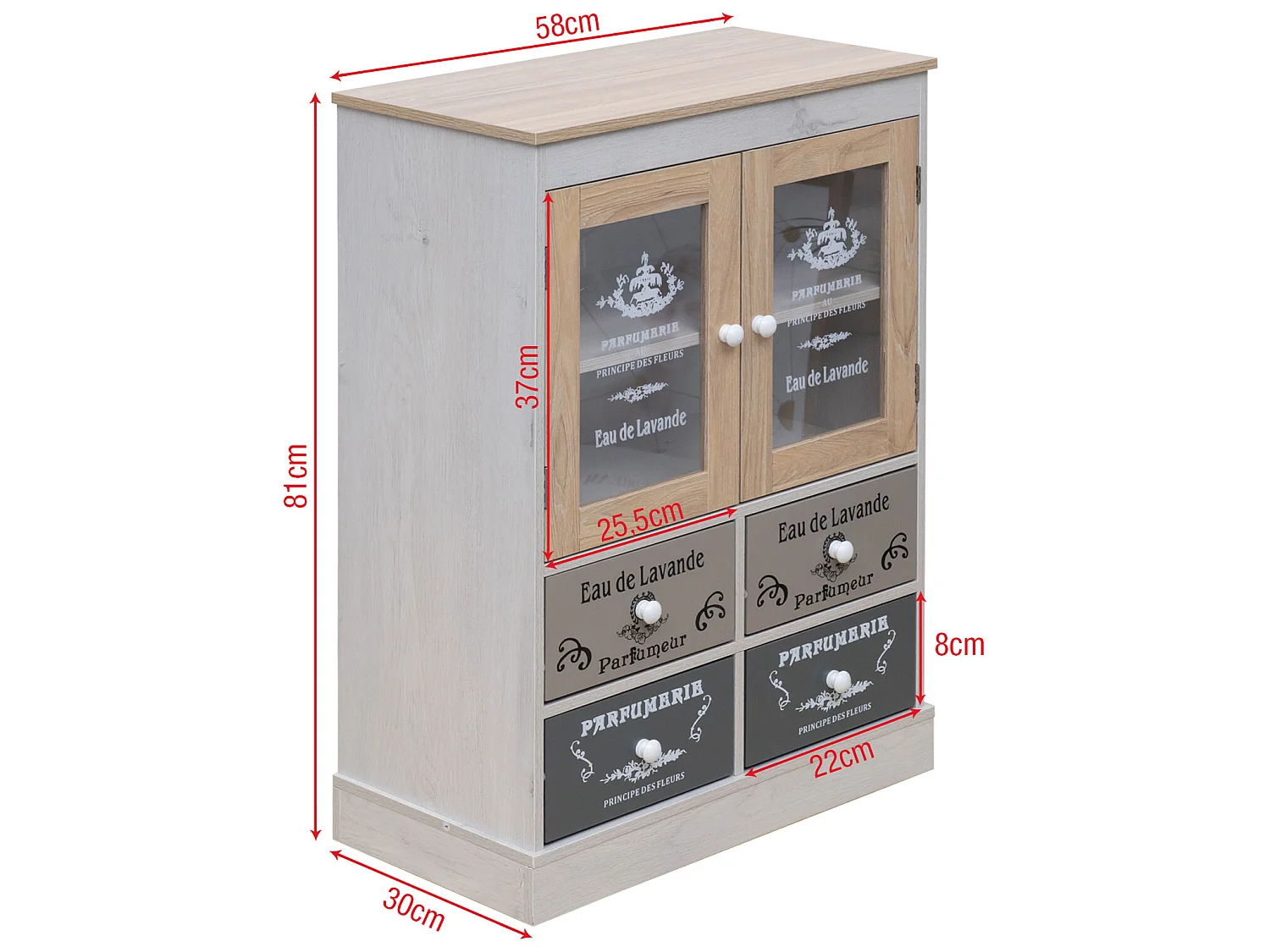 Armário Gabinete com 4 Gavetas 2 Portas em Madeira Cinzenta Bege Branca