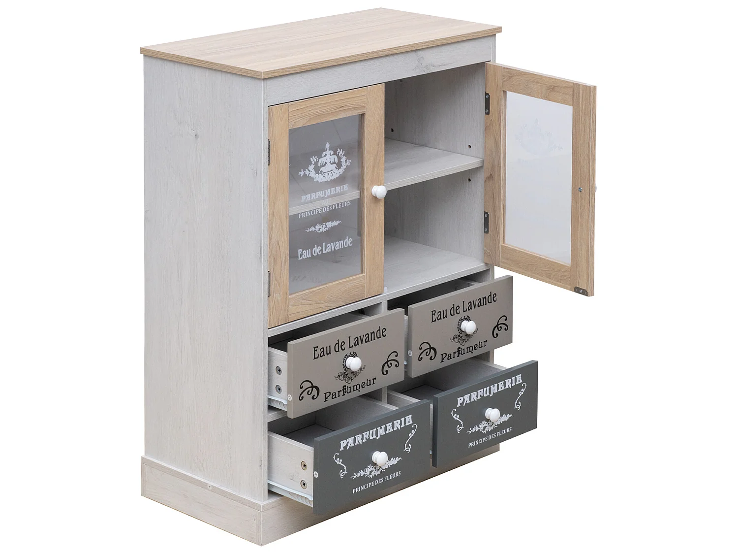 Armário Gabinete com 4 Gavetas 2 Portas em Madeira Cinzenta Bege Branca