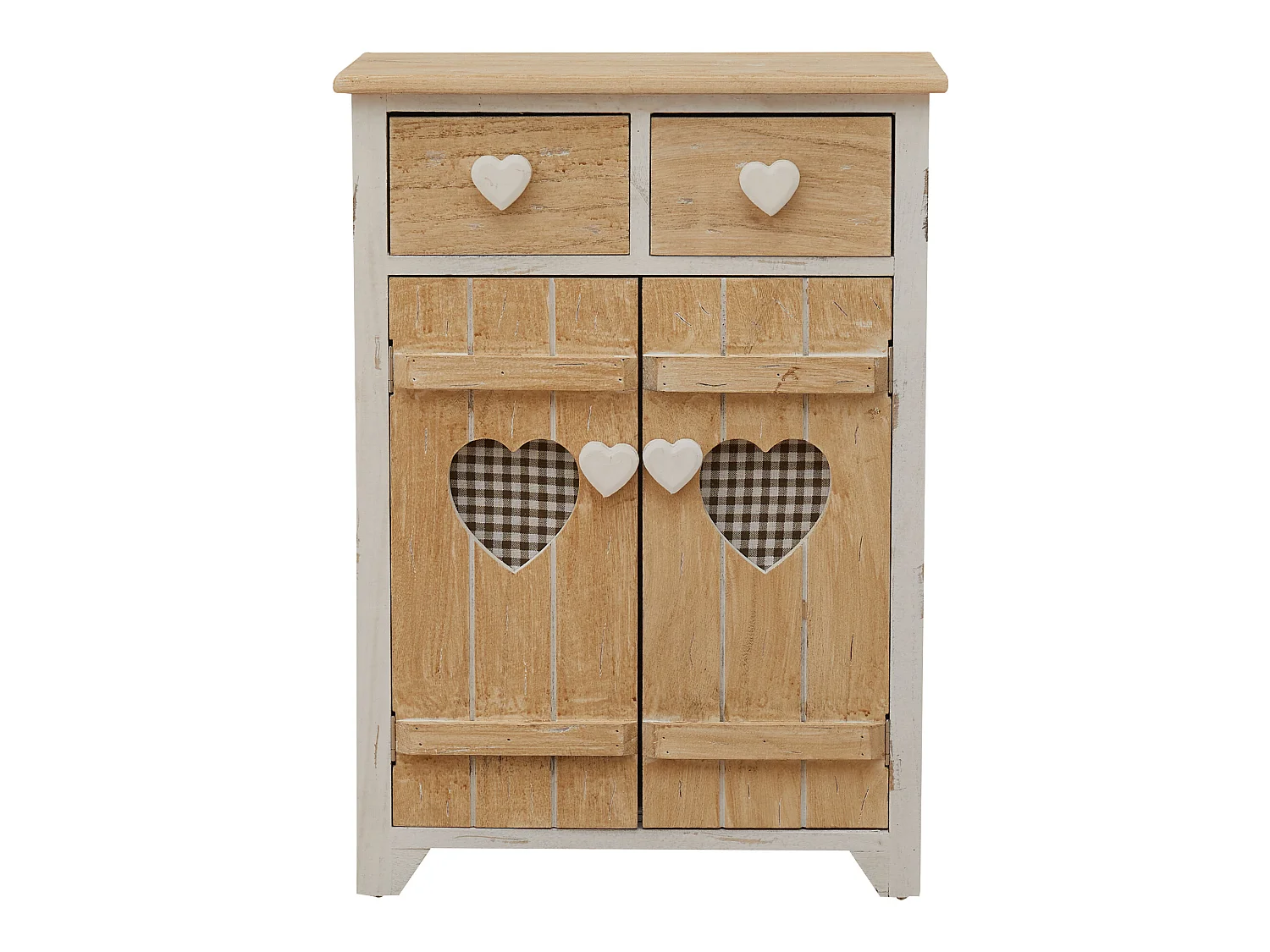 Armário de cabeceira 2 gavetas 2 Portas Puxadores de madeira branca Shabby Coração 70x51x30