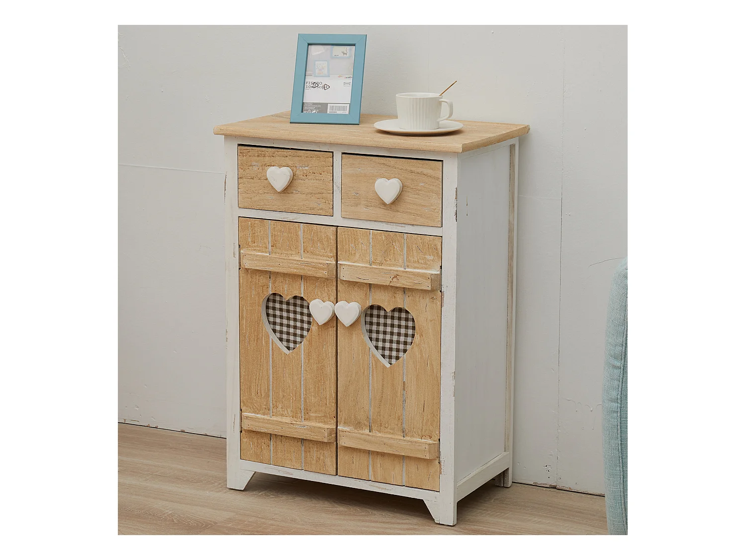 Armário de cabeceira 2 gavetas 2 Portas Puxadores de madeira branca Shabby Coração 70x51x30