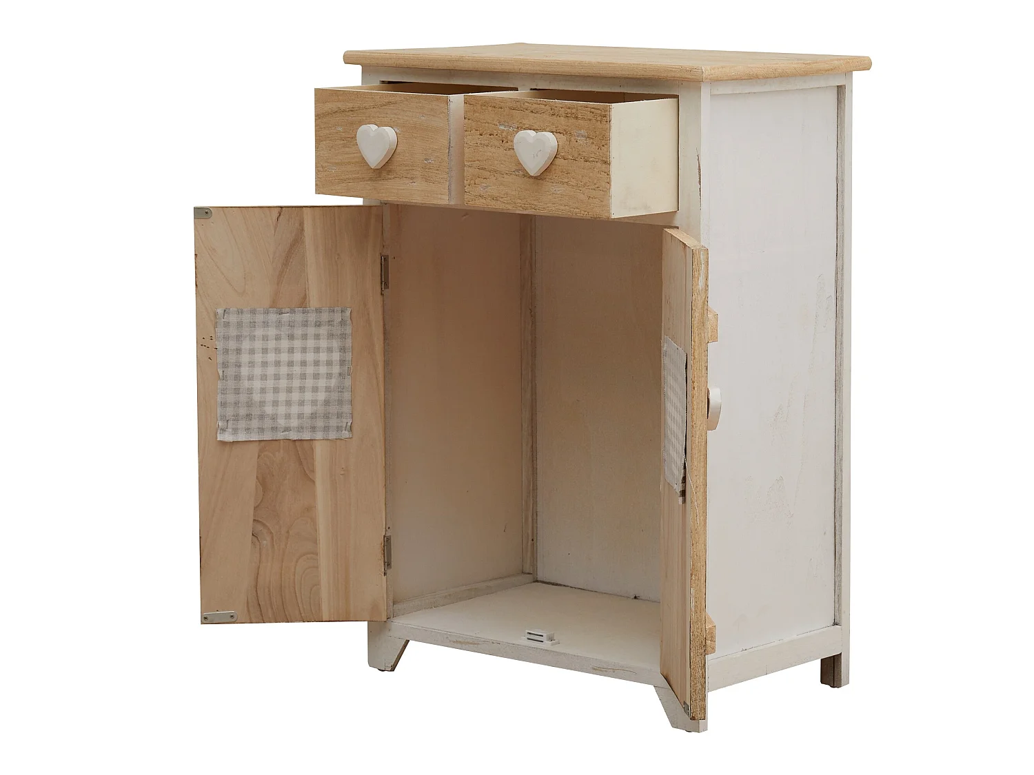 Armário de cabeceira 2 gavetas 2 Portas Puxadores de madeira branca Shabby Coração 70x51x30