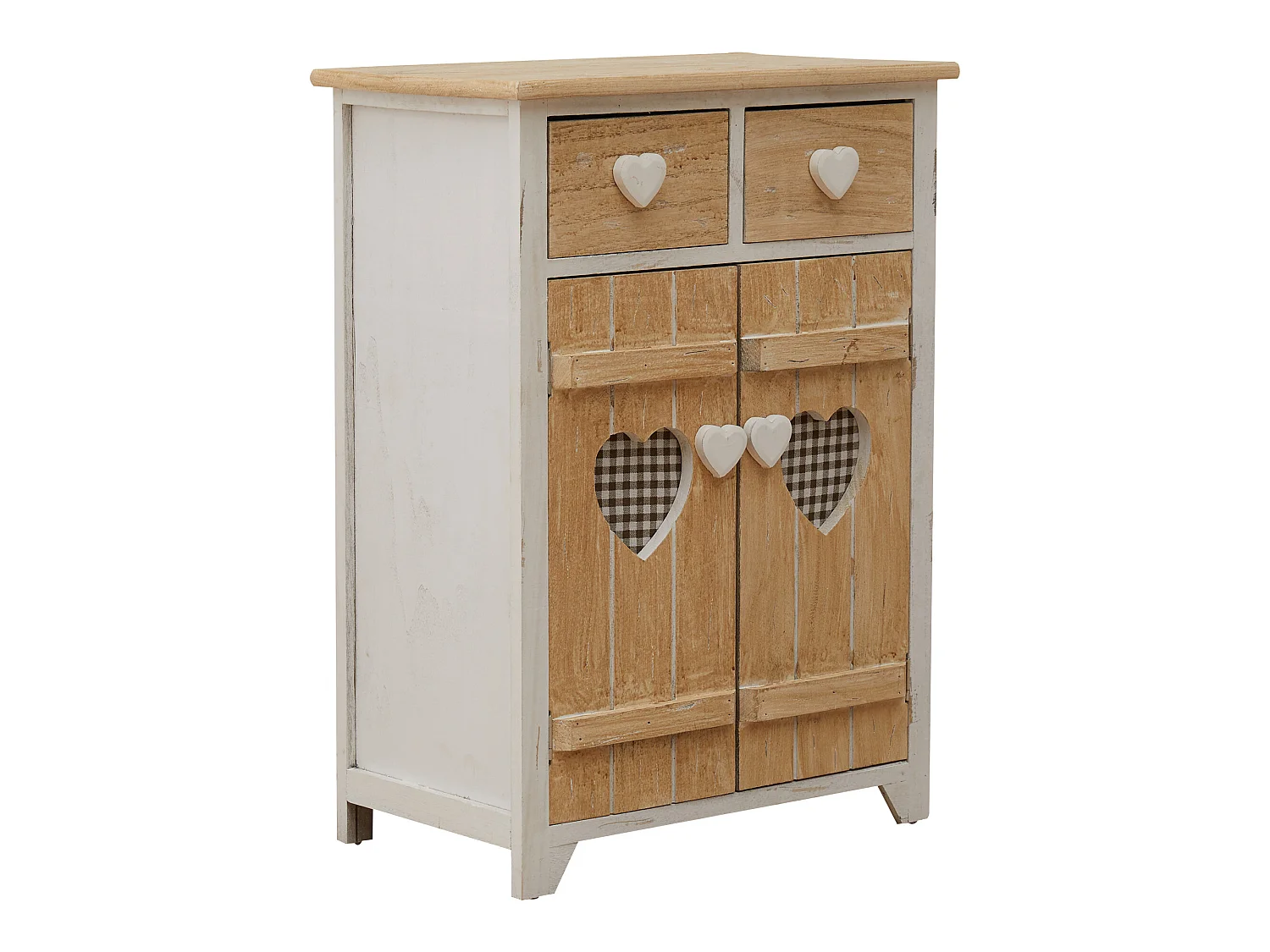 Armário de cabeceira 2 gavetas 2 Portas Puxadores de madeira branca Shabby Coração 70x51x30