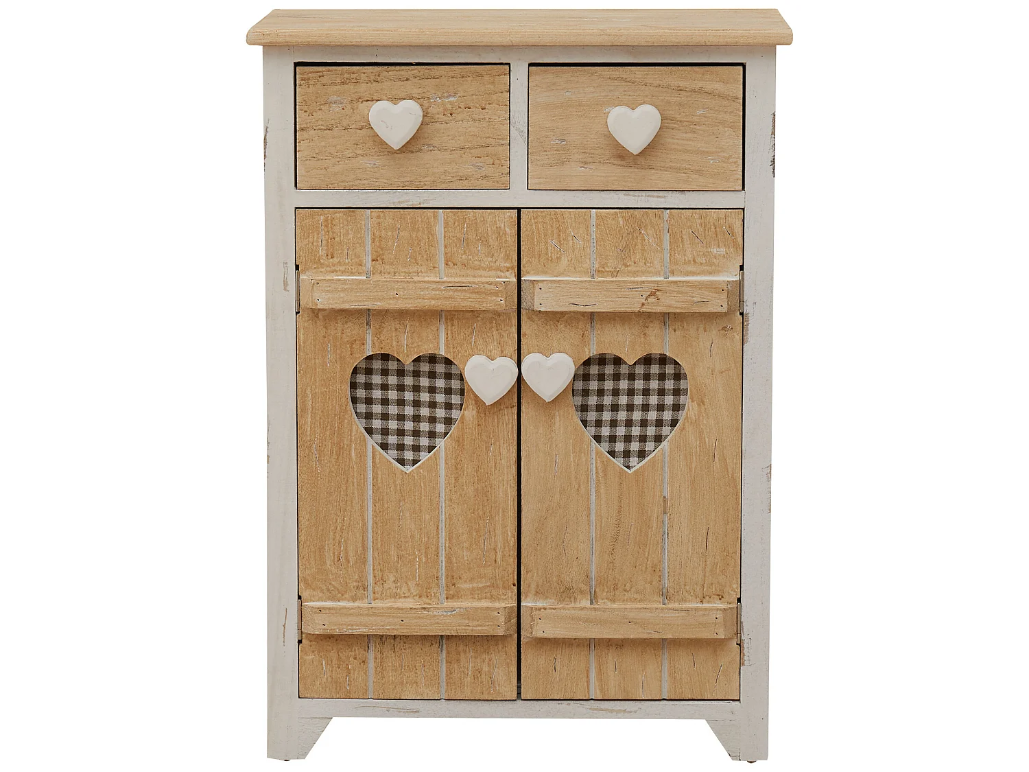 Armário de cabeceira 2 gavetas 2 Portas Puxadores de madeira branca Shabby Coração 70x51x30