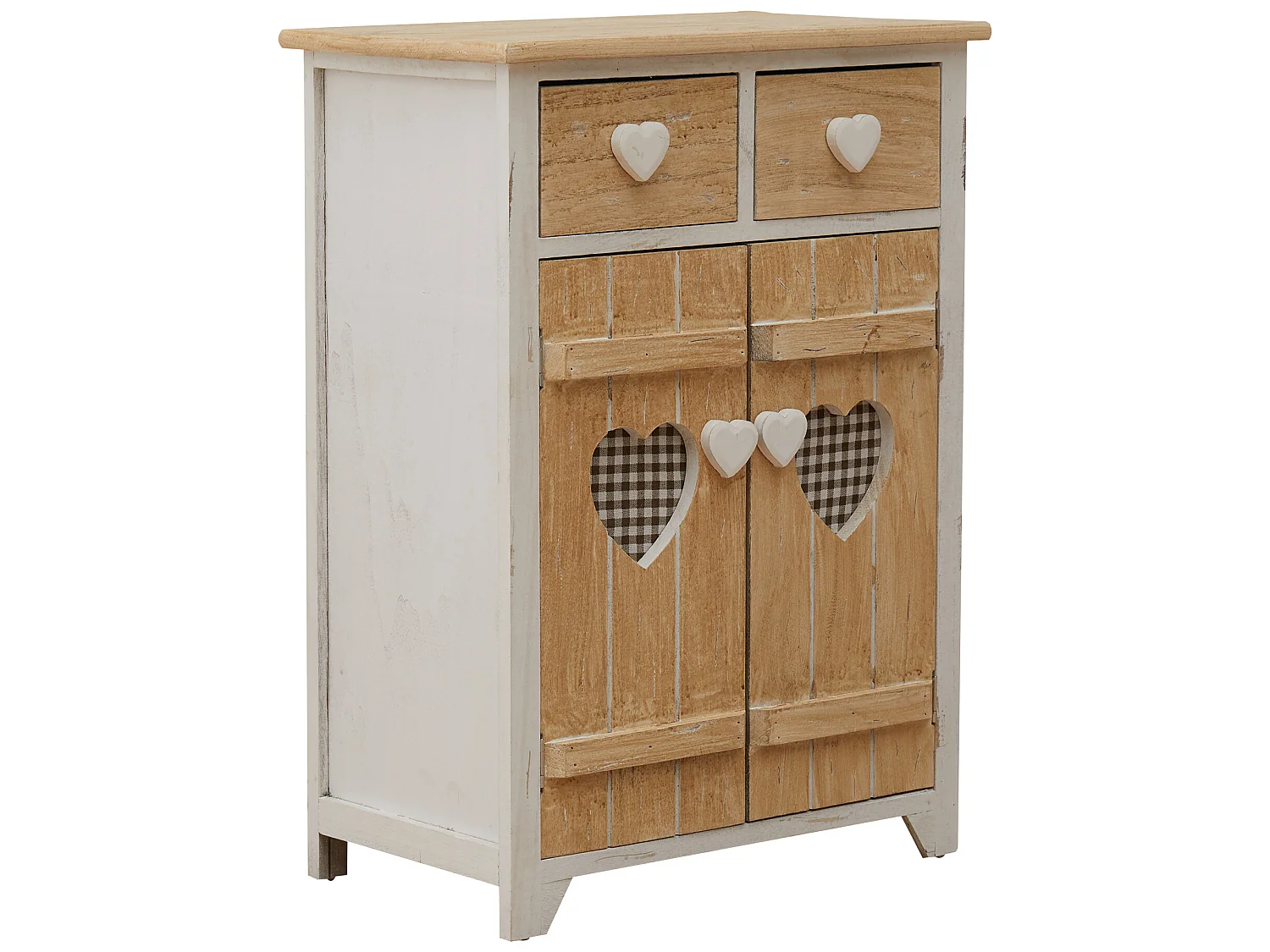 Armário de cabeceira 2 gavetas 2 Portas Puxadores de madeira branca Shabby Coração 70x51x30