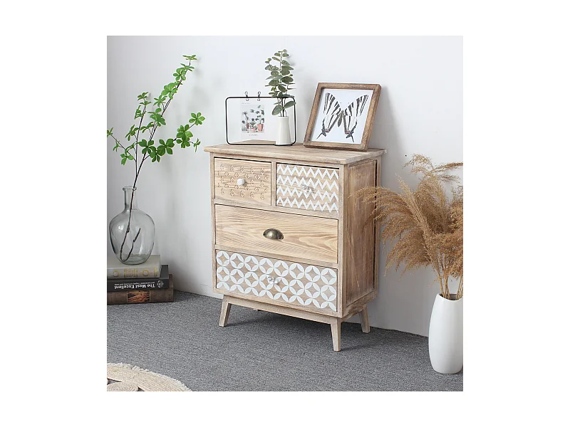 Commode 4 Tiroirs En Bois Clair Shabby Boho Pour La Cuisine L'entrée