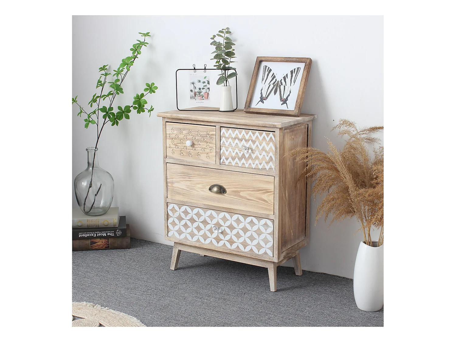 Commode 4 Tiroirs En Bois Clair Shabby Boho Pour La Cuisine L'entrée