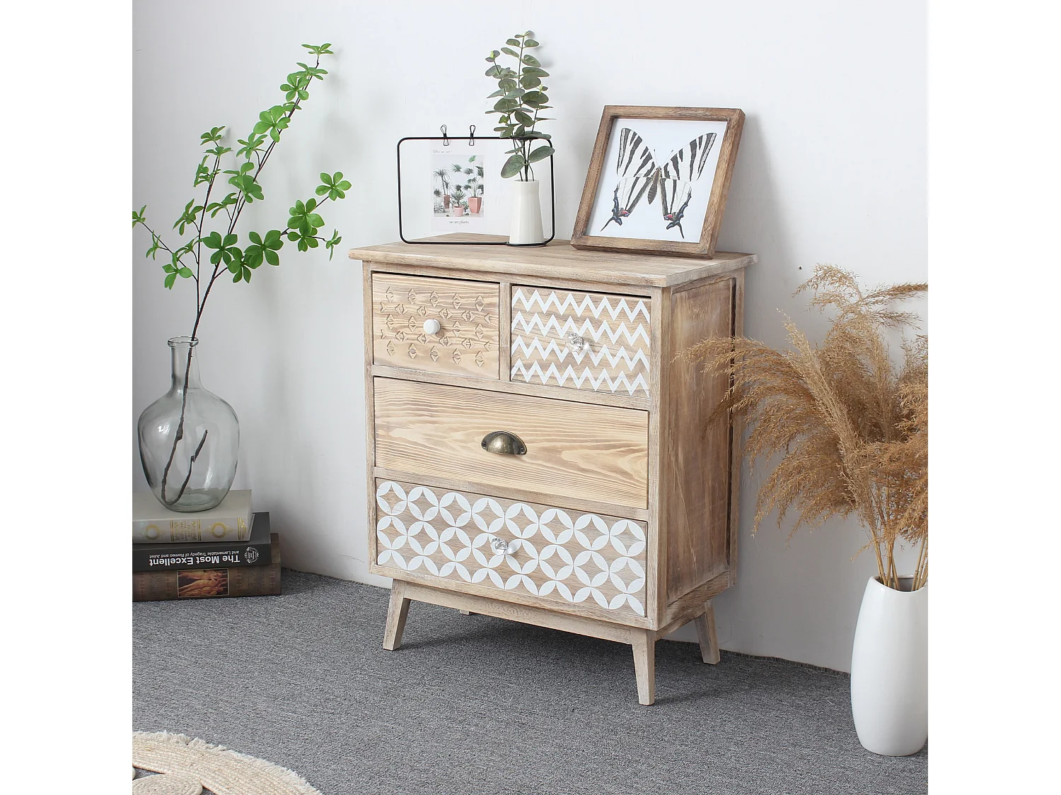 Commode 4 Tiroirs En Bois Clair Shabby Boho Pour La Cuisine L'entrée