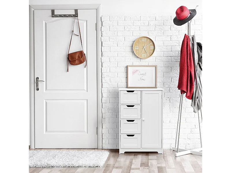 Meuble de salle de bain Moderne 4 Tiroirs 1 Porte Bois Blanc