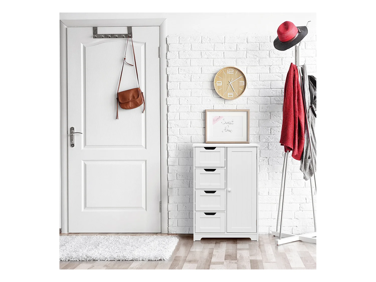 Meuble de salle de bain Moderne 4 Tiroirs 1 Porte Bois Blanc