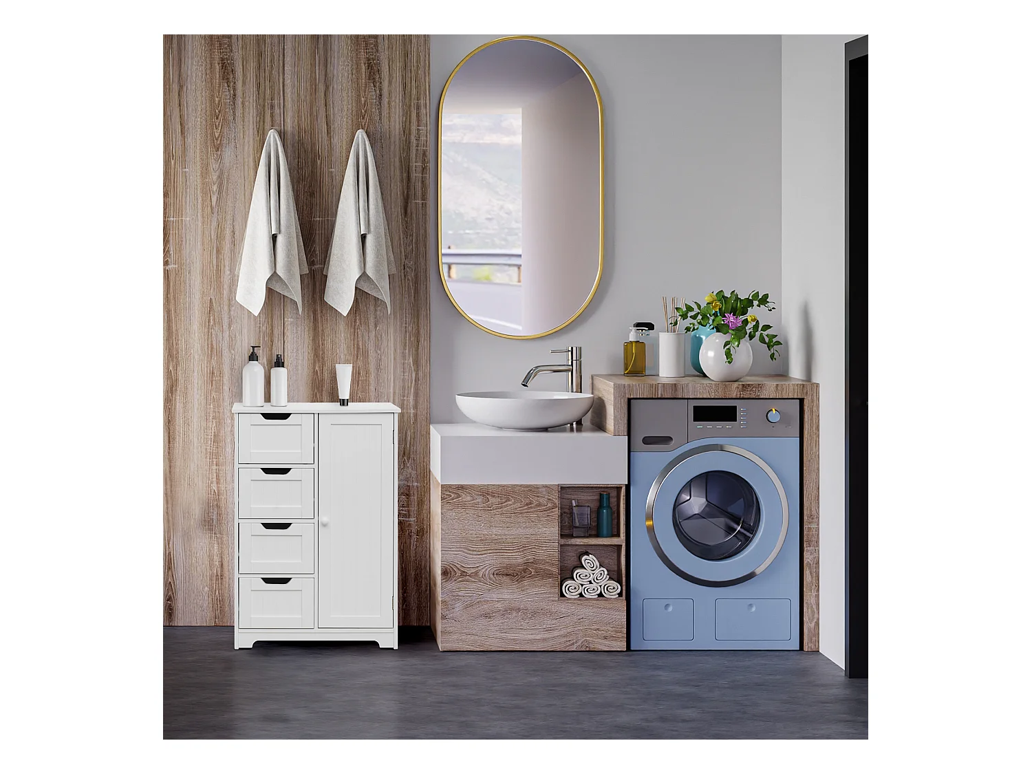 Meuble de salle de bain Moderne 4 Tiroirs 1 Porte Bois Blanc