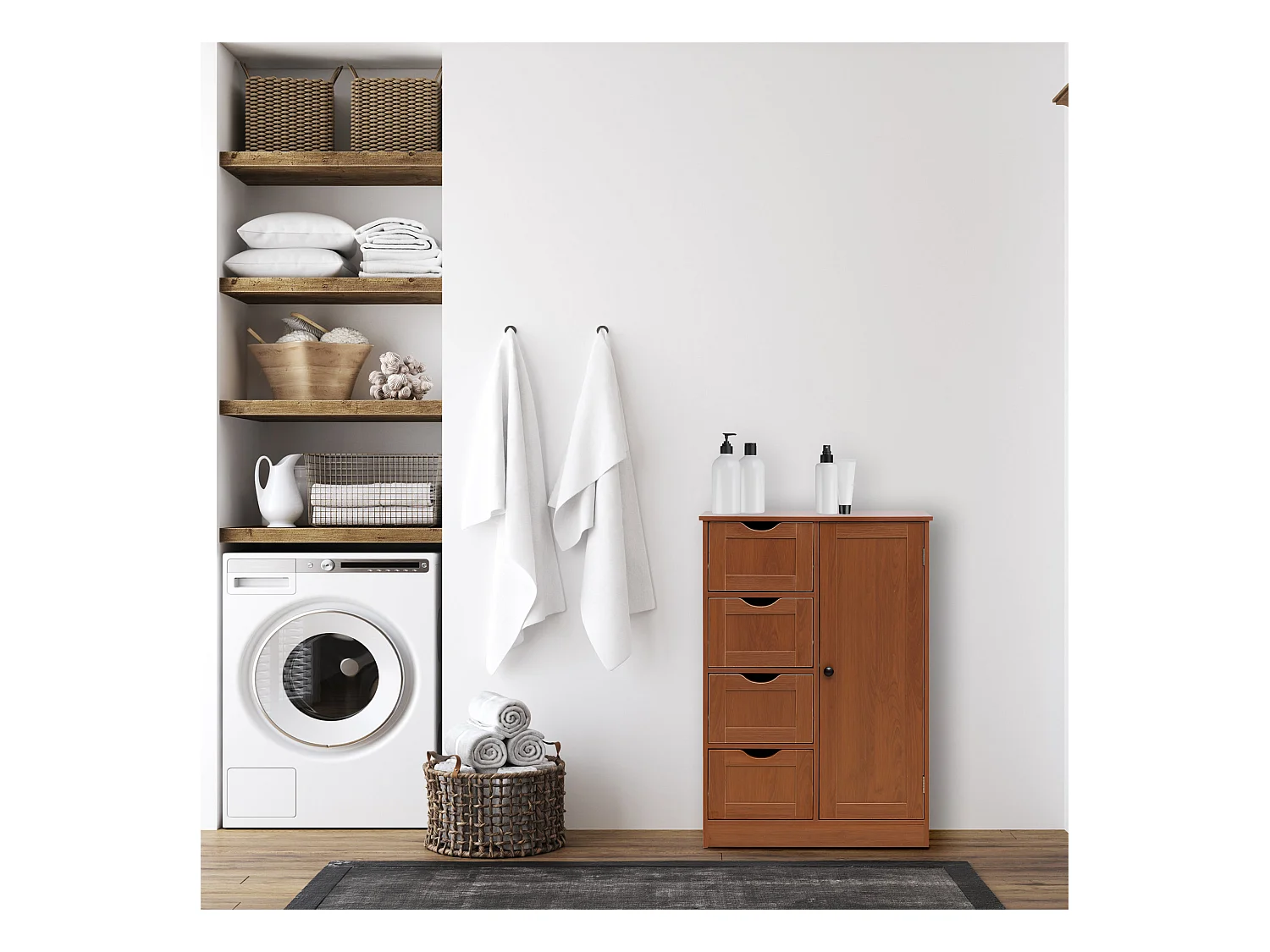 Meuble de salle de bain 4 Tiroirs 1 Porte en Bois brun