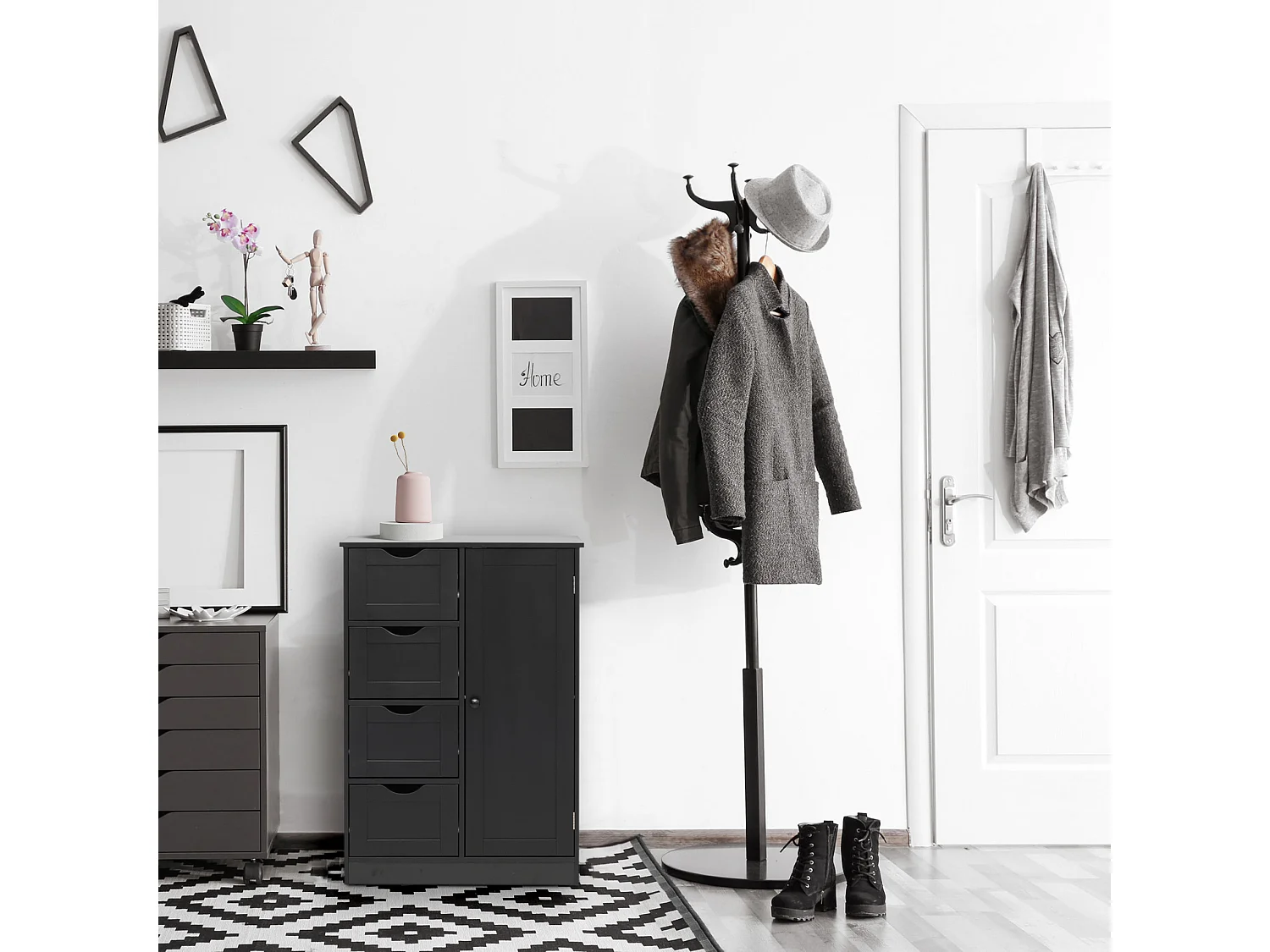 Meuble de salle de bain avec 4 Tiroirs et 1 Porte en bois noir