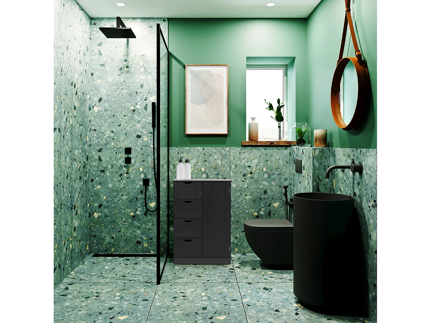 Meuble de salle de bain avec 4 Tiroirs et 1 Porte en bois noir