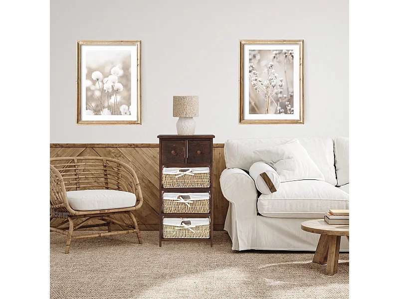 Cassettiera 3 Ceste 2 Cassetti Legno Vimini Marrone 80x40x27