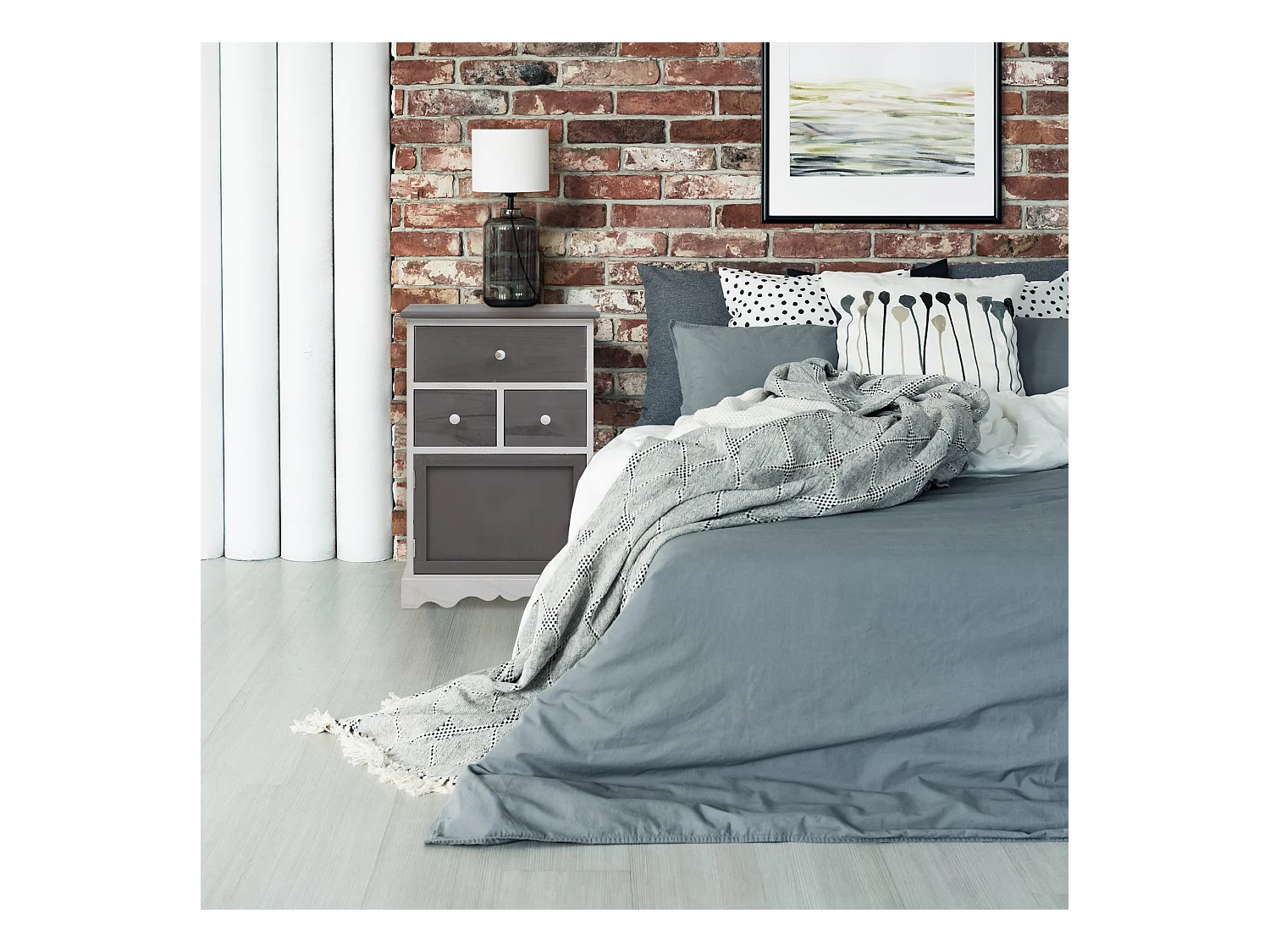 Armadietto Mobile Shabby Bianco Grigio 3 Cassetti 1 Anta 72x47x30