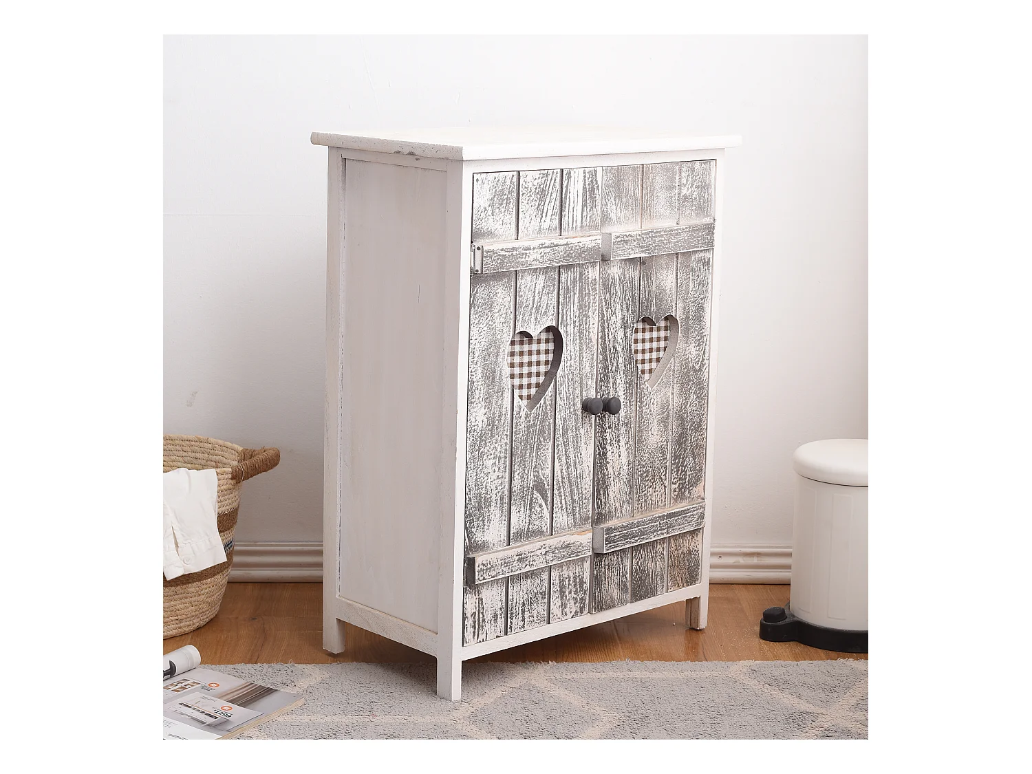 Meuble D'appoint Bahut 2 Ports Bois Blanc Gris Coeur 70x51x30