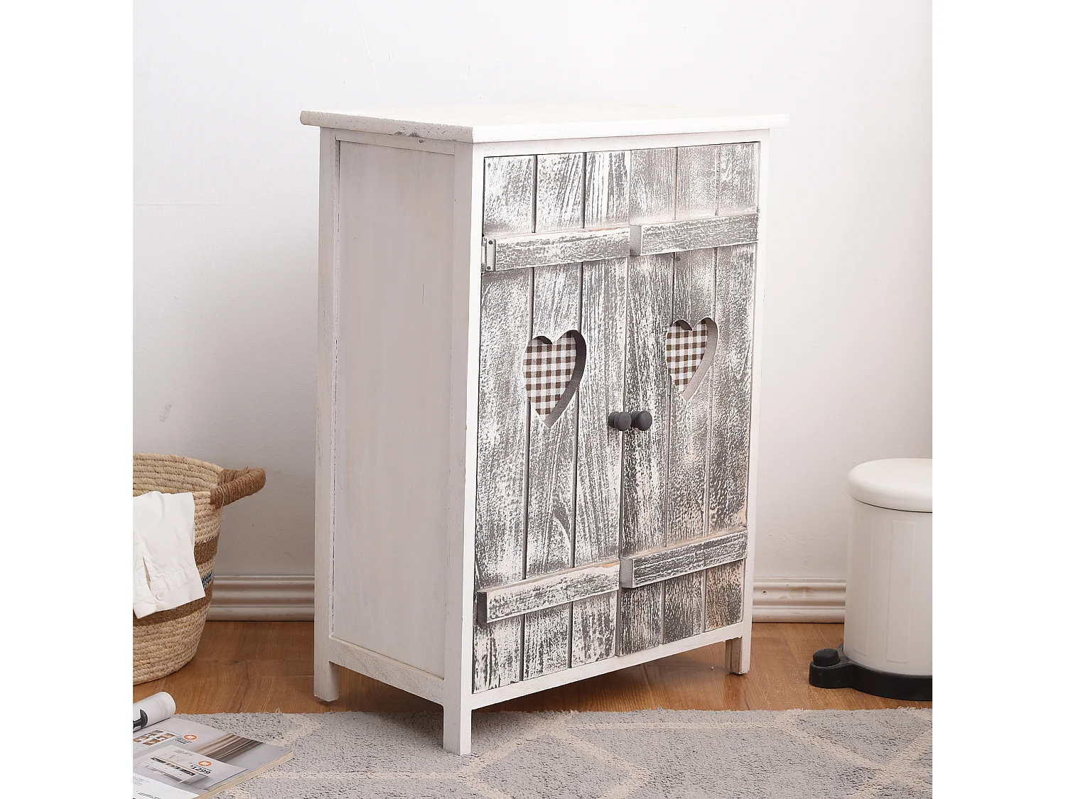 Meuble D'appoint Bahut 2 Ports Bois Blanc Gris Coeur 70x51x30