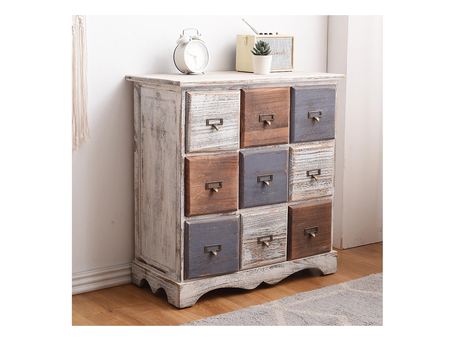 Credenza 9 Cassetti Legno Bianco Marrone Grigio Vintage 63x60x23