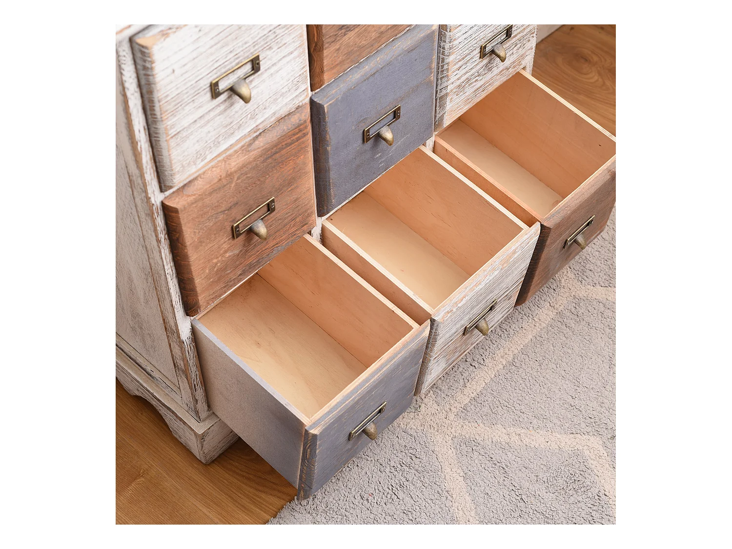 Credenza 9 Cassetti Legno Bianco Marrone Grigio Vintage 63x60x23