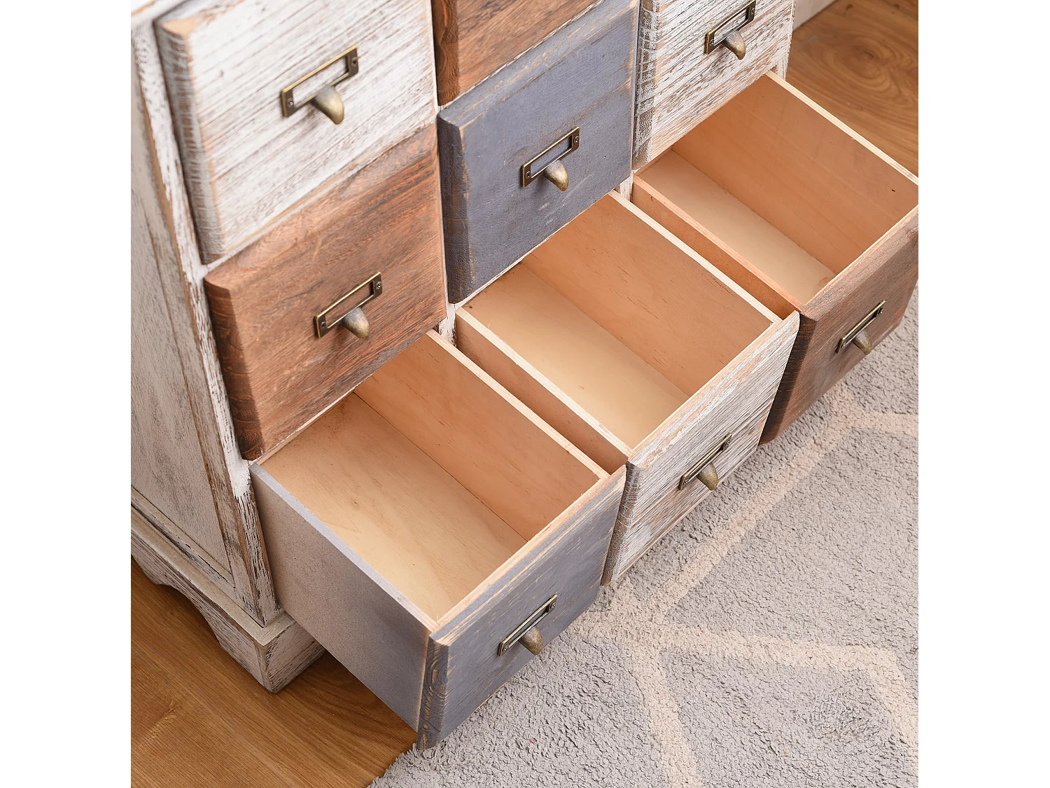 Commode Armoire 9 Tiroirs Bois Blanc Marron Gris Vintage 63x60x23