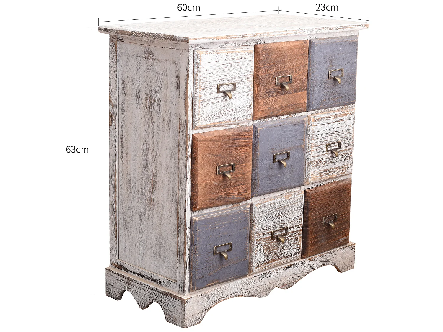 Commode Armoire 9 Tiroirs Bois Blanc Marron Gris Vintage 63x60x23