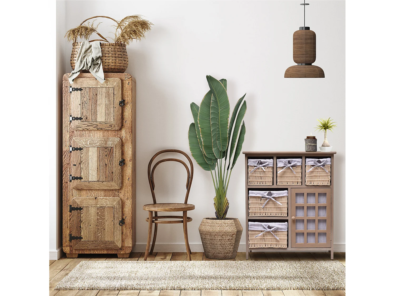 Aparador 5 Cestos 1 Porta de Madeira de Vime Bege 70x60x30