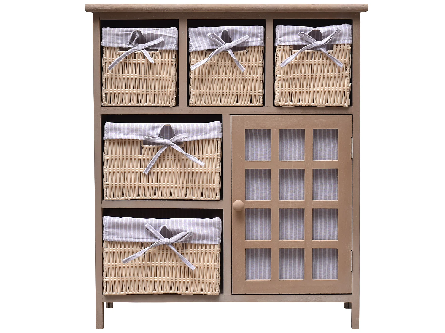 Aparador 5 Cestos 1 Porta de Madeira de Vime Bege 70x60x30