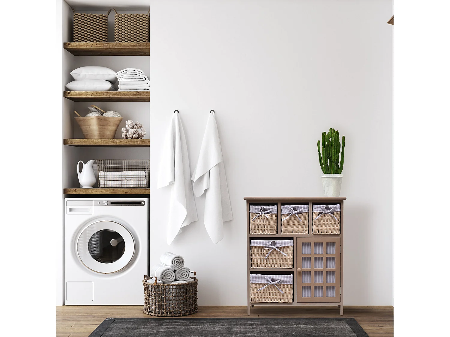 Aparador 5 Cestos 1 Porta de Madeira de Vime Bege 70x60x30