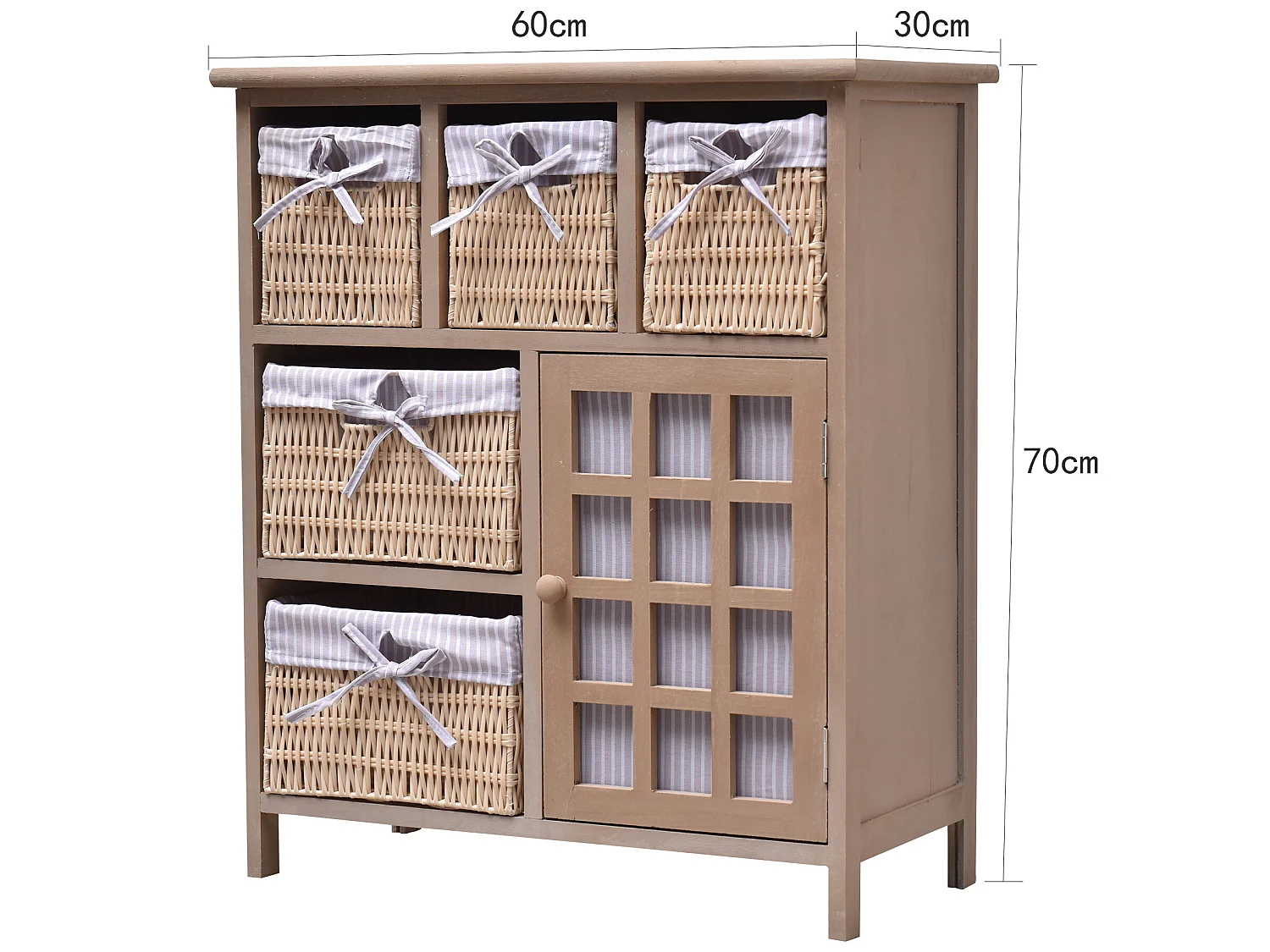 Aparador 5 Cestos 1 Porta de Madeira de Vime Bege 70x60x30