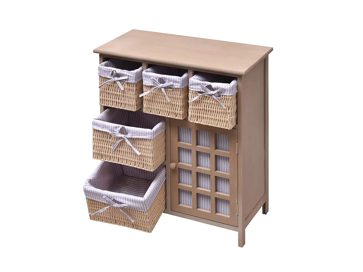 Aparador 5 Cestos 1 Porta de Madeira de Vime Bege 70x60x30