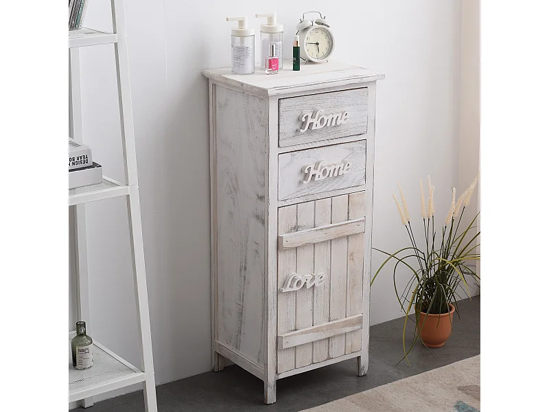 Comodino Cassettiera 2 Cassetti 1 Anta Bianco Shabby 84x37x30