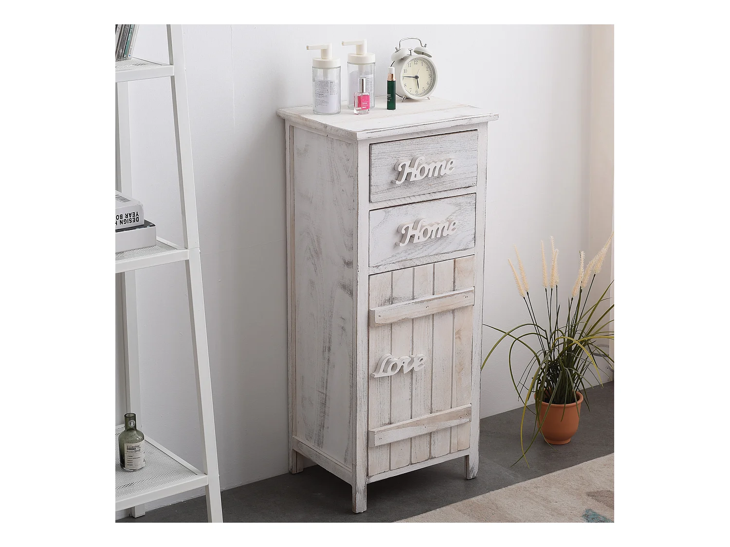 Meuble D'appoint Chevet 1 Port 2 Tiroirs Blanc Shabby 84x37x30