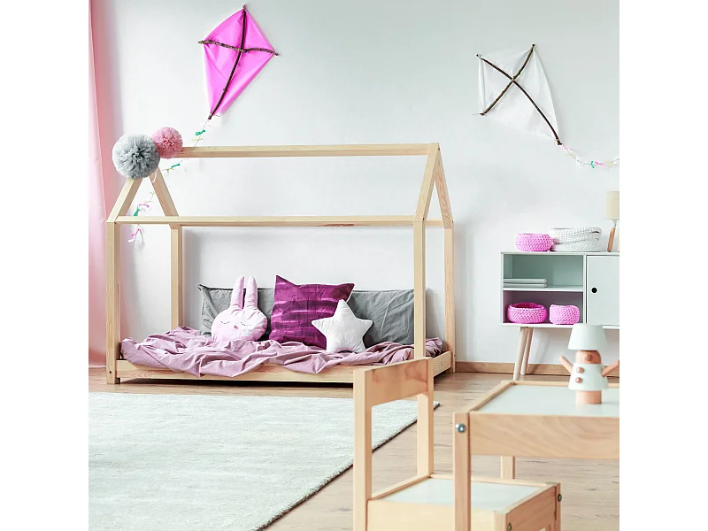 Cadre de lit pour enfants en forme de maison en bois naturel 90x200