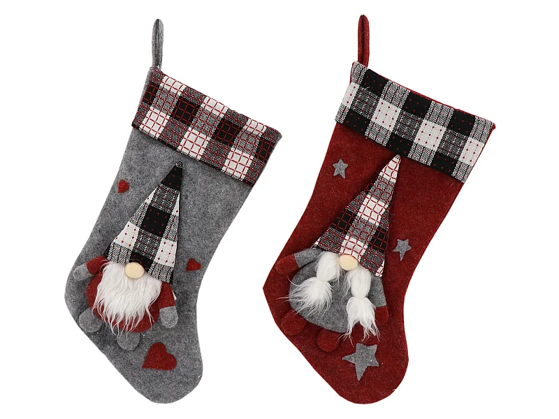 2 Meias de Natal Epiphany Epiphany Tecido Vermelho Cinzento com Gnomo Elfo