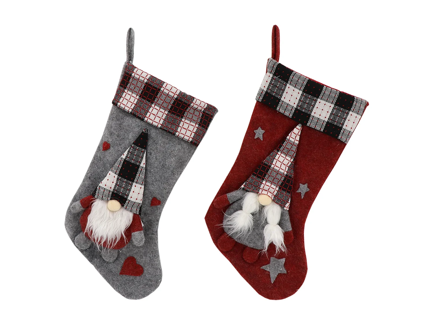 2 Calze Di Natale Befana Epifania Tessuto Rosso Grigio Con Gnomo Elfo Folletto