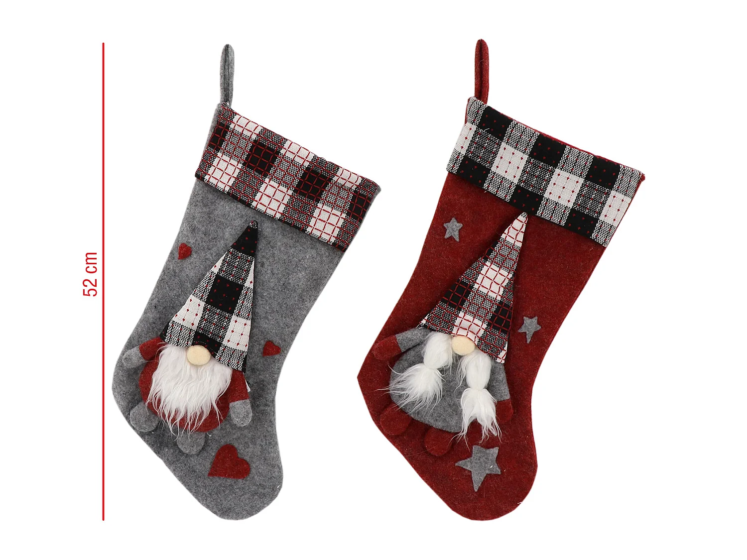 2 Calze Di Natale Befana Epifania Tessuto Rosso Grigio Con Gnomo Elfo Folletto