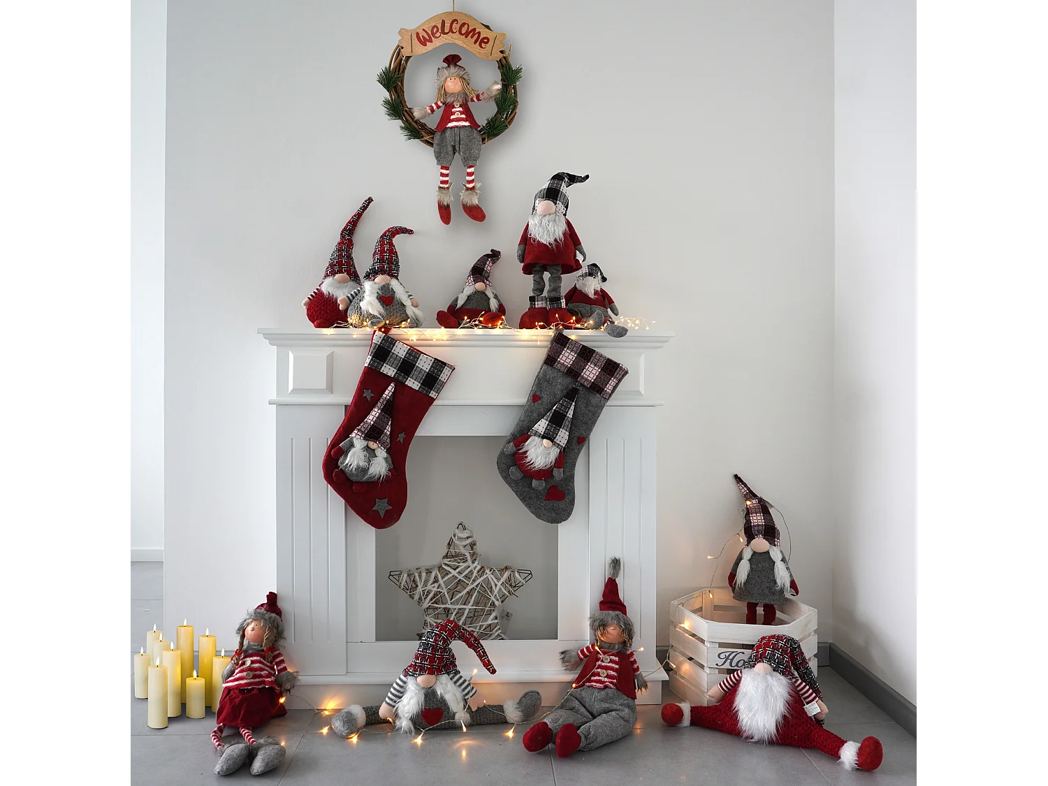 Elfos Nórdicos de Natal Tecido de Natal Vermelho Cinzento Decoração de Natal