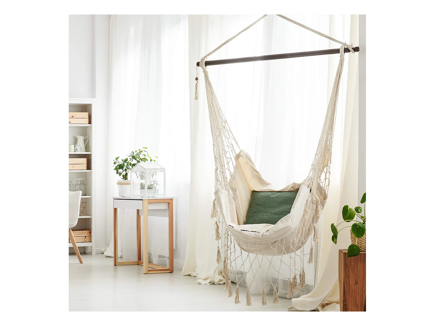 Hamac suspendu Fauteuil à bascule Beige pour Jardin avec Coussins