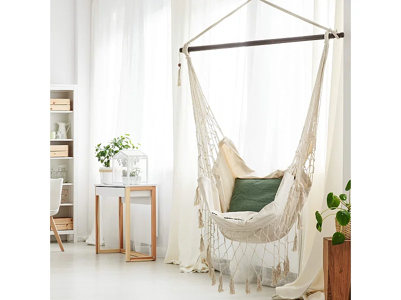 Amaca Poltrona Sospesa Sedia a dondolo Beige per Giardino con Cuscini da Appendere