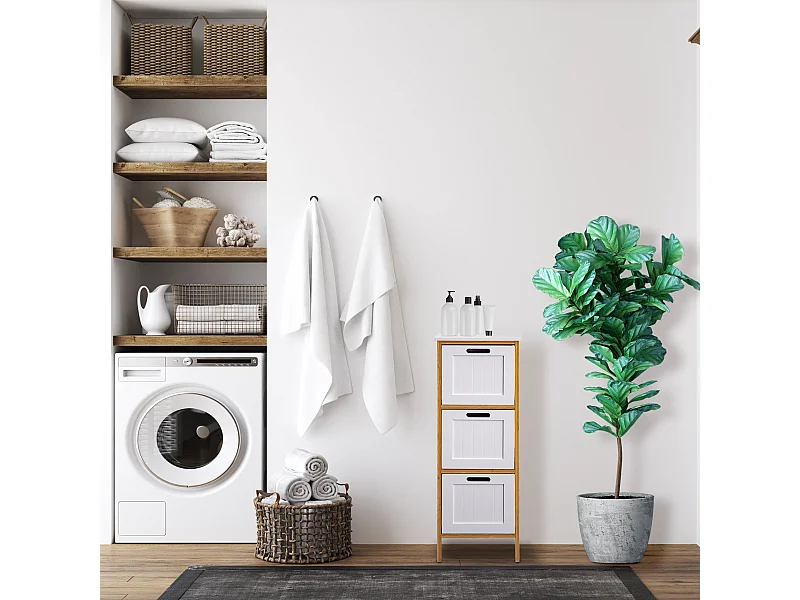 Commode de salle de bains 3 Tiroirs Mdf Bois Blanc Bambu
