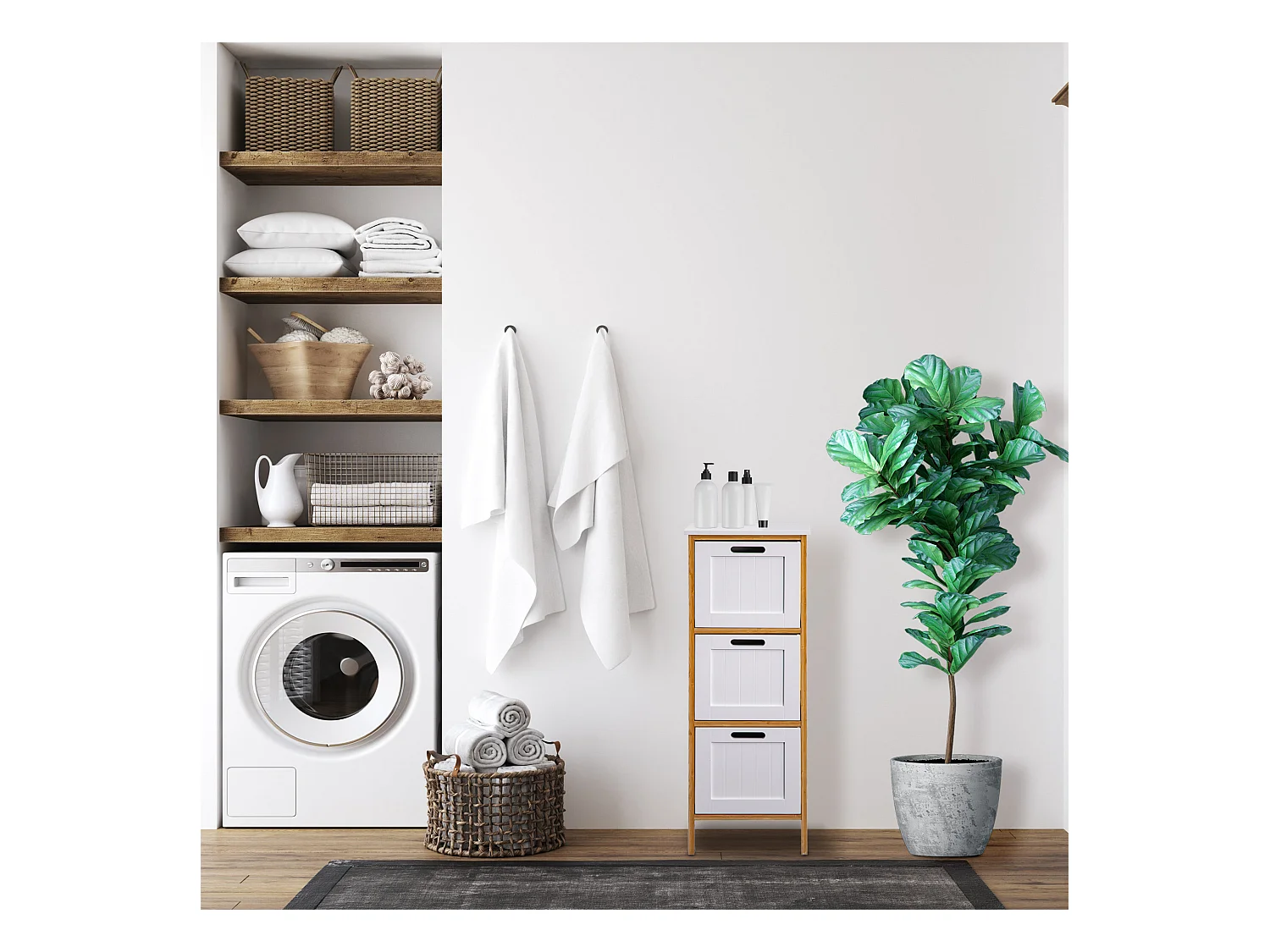 Commode de salle de bains 3 Tiroirs Mdf Bois Blanc Bambu