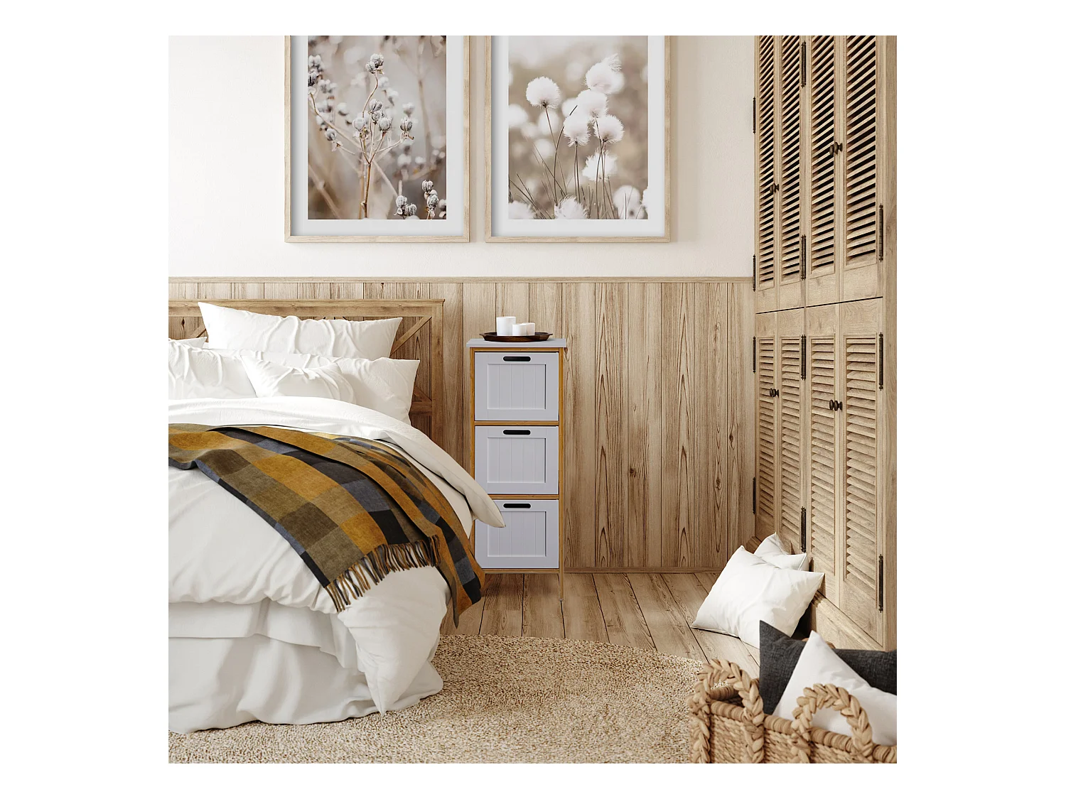 Commode de salle de bains 3 Tiroirs Mdf Bois Blanc Bambu