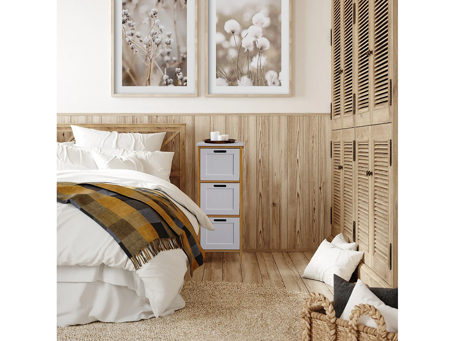 Commode de salle de bains 3 Tiroirs Mdf Bois Blanc Bambu