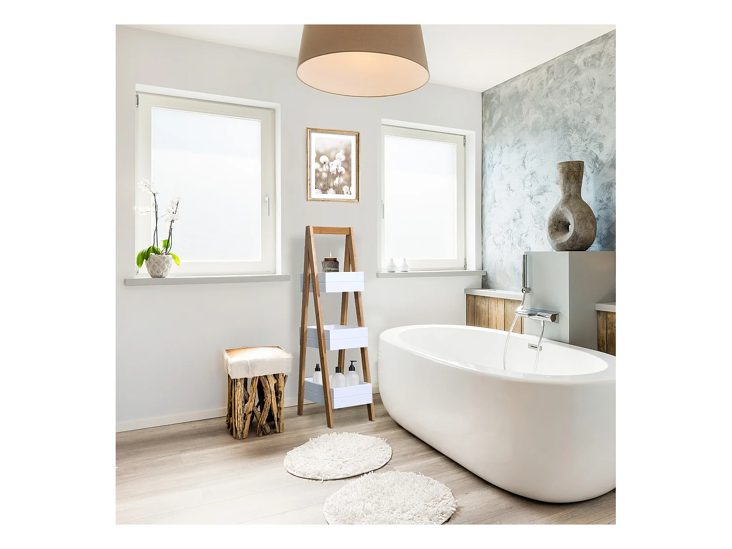 Étagère de salle de bain en Echelle 3 Etagères Mdf Bambu Blanc Brun