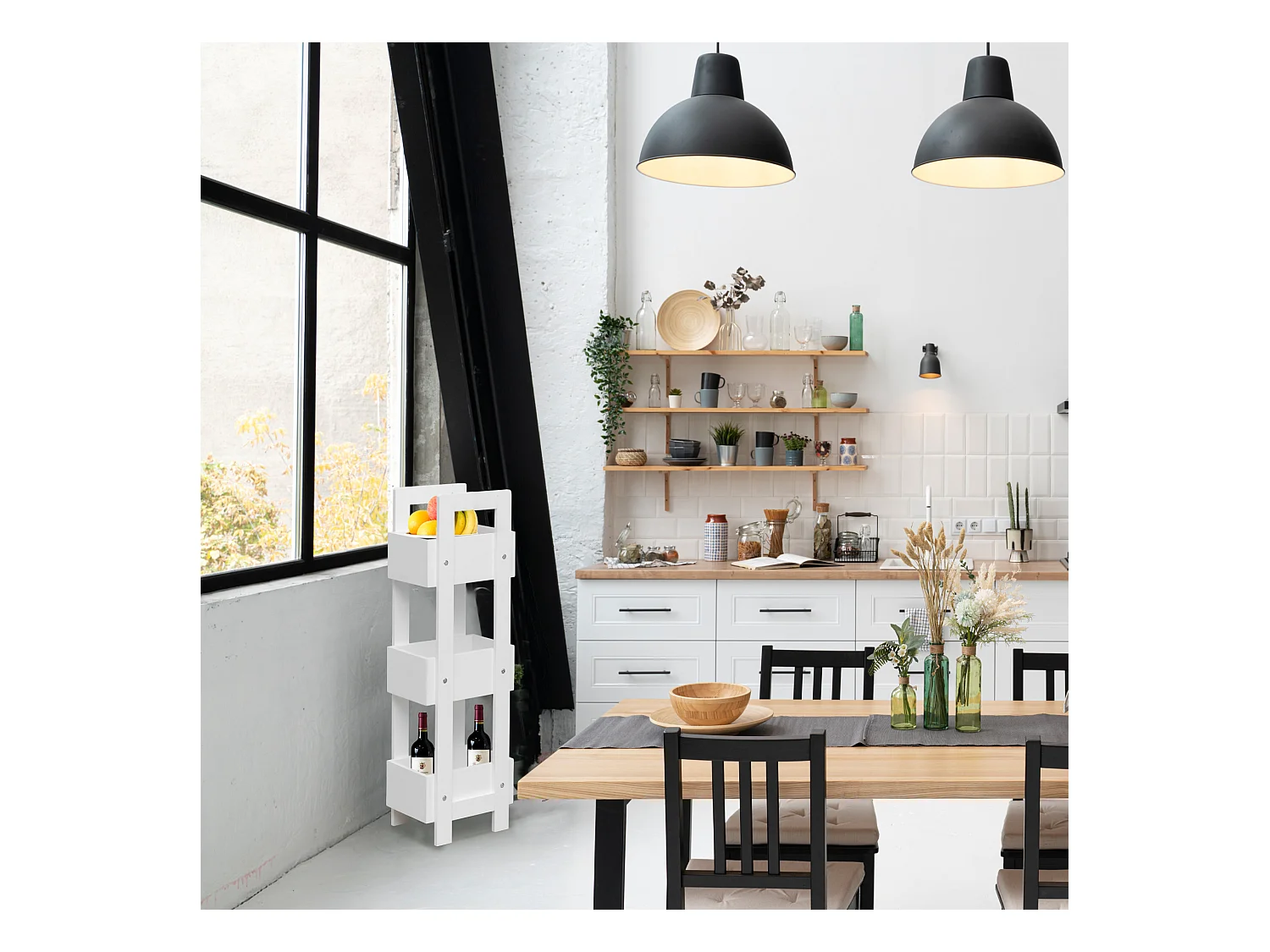 Porte-échelle de cuisine avec 3 Etagères en bois blanc Modernes