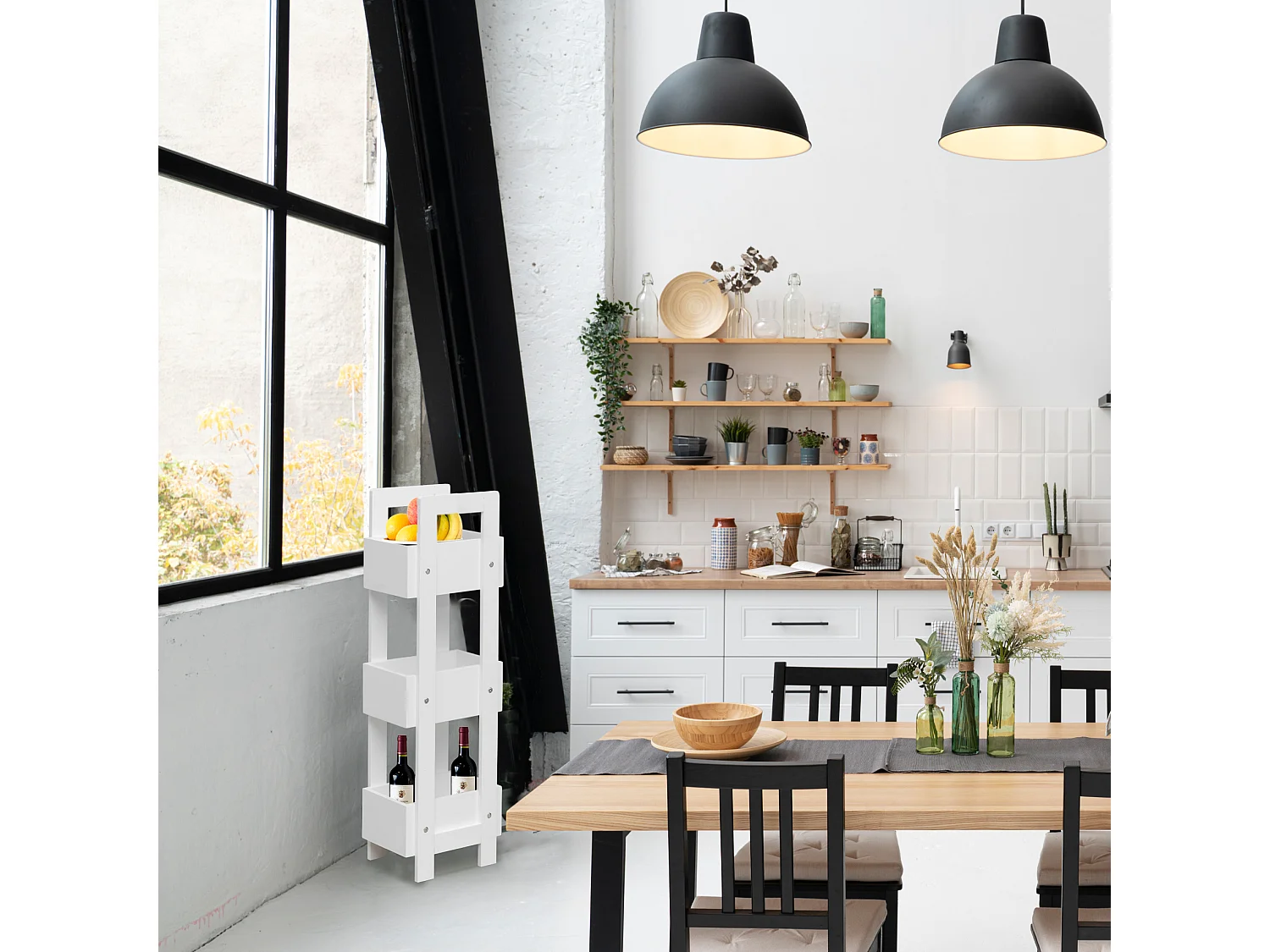 Porte-échelle de cuisine avec 3 Etagères en bois blanc Modernes