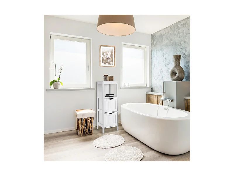 Armoire à colonnes en bois blanc avec 2 tiroirs et une étagère